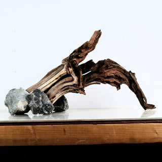 Aquarium Manzanita Driftwood with natural texture and rocks ideal for aquarium or terrarium decor, measuring 26.5 by 8.5 by 16.25 inches